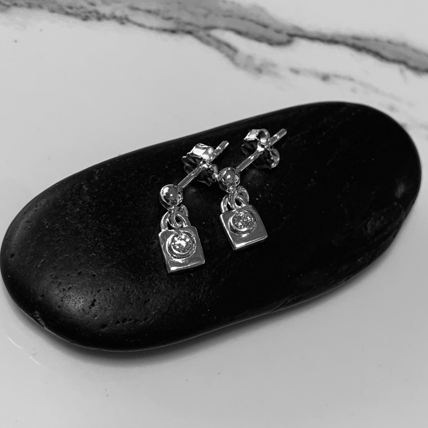 Petite Padlock Drop Earring with 2.5mm,0.06ct. Diamonds.