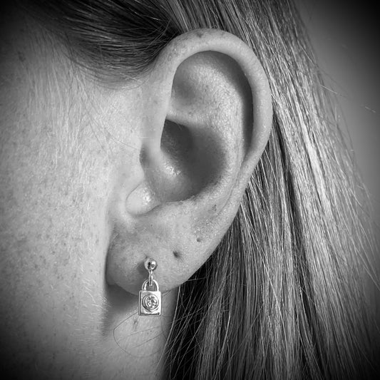 Petite Padlock Drop Earring with 2.5mm,0.06ct.  Diamonds.